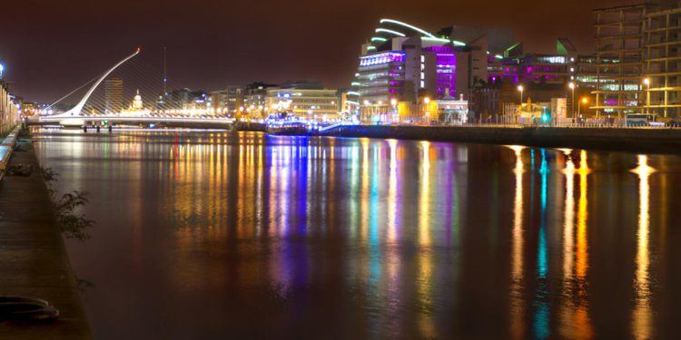 View of Liffey river at night in Dublin, Ireland
