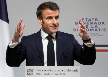 French President Emmanuel Macron delivers his speech during the National Roundtable on Diplomacy at the foreign ministry in Paris, Thursday, March 16, 2023. Michel Euler/Pool via REUTERS