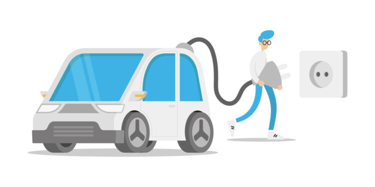 Man using a power cable and plug for charging of electric car at EV charging station. Vector Graphic
