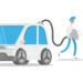 Man using a power cable and plug for charging of electric car at EV charging station. Vector Graphic