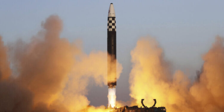 FILE - This photo provided by the North Korean government shows what it says is an intercontinental ballistic missile in a launching drill at the Sunan international airport in Pyongyang, North Korea on March 16, 2023. Independent journalists were not given access to cover the event depicted in this image distributed by the North Korean government. The content of this image is as provided and cannot be independently verified. Korean language watermark on image as provided by source reads: "KCNA" which is the abbreviation for Korean Central News Agency. (Korean Central News Agency/Korea News Service via AP, File)