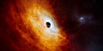 This artist’s impression shows the record-breaking quasar J059-4351, the bright core of a distant galaxy that is powered by a supermassive black hole. Using ESO’s Very Large Telescope (VLT) in Chile, this quasar has been found to be the most luminous object known in the Universe to date. The supermassive black hole, seen here pulling in surrounding matter, has a mass 17 billion times that of the Sun and is growing in mass by the equivalent of another Sun per day, making it the fastest-growing black hole ever known.