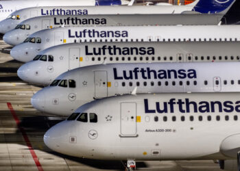 FILE - Lufthansa aircrafts are parked at the airport in Frankfurt, Germany, Wednesday, Feb. 7, 2024. A union has called on ground staff for Lufthansa at seven German airports to walk off the job for a day on Tuesday, following a similar strike earlier this month. The Ver.di union said Sunday that the strike will affect Frankfurt and Munich, Lufthansa's two main hubs, as well as Berlin, Duesseldorf, Hamburg, Cologne-Bonn and Stuttgart. (AP Photo/Michael Probst, File)