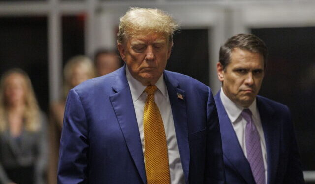 epa11325770 Former US President Donald Trump (C) approaches the press after attending his criminal trial at New York State Supreme Court in New York, New York, USA, 07 May 2024. Trump is facing 34 felony counts of falsifying business records related to payments made to adult film star Stormy Daniels during his 2016 presidential campaign.  EPA/SARAH YENESEL / POOL