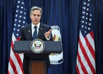 U.S. Secretary of State Antony Blinken speaks at a Memorandum of Understanding signing with AfghanEvac, at the National Museum for American Diplomacy in the Department of State in Washington, U.S., June 12, 2023. Mandel Ngan/Pool via REUTERS