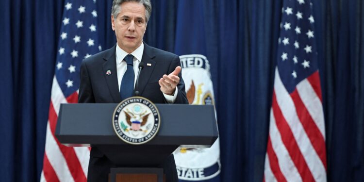 U.S. Secretary of State Antony Blinken speaks at a Memorandum of Understanding signing with AfghanEvac, at the National Museum for American Diplomacy in the Department of State in Washington, U.S., June 12, 2023. Mandel Ngan/Pool via REUTERS