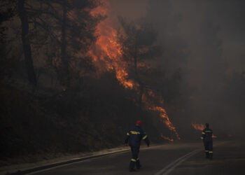 Firefighters inspect flames near a road in Varnava village during a wildfire, north of Athens, Greece, Sunday, Aug. 11, 2024, with many regions of the country on high alert due to high temperatures and wind speeds. (AP Photo/Michael Varaklas)