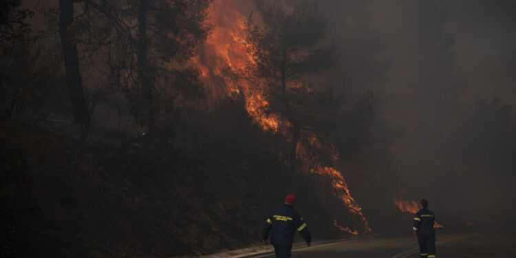 Firefighters inspect flames near a road in Varnava village during a wildfire, north of Athens, Greece, Sunday, Aug. 11, 2024, with many regions of the country on high alert due to high temperatures and wind speeds. (AP Photo/Michael Varaklas)