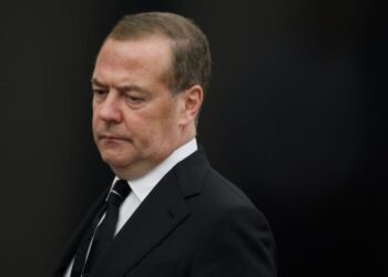 Deputy Chairman of the Security Council Dmitry Medvedev attends the Security Council meeting chaired by Russian President Vladimir Putin in Moscow, Russia, Thursday, Oct. 10, 2024. (Mikhail Metzel, Sputnik, Kremlin Pool Photo via AP)