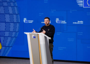 Ukraine's President Volodymyr Zelenskiy speaks as he attends a European Union leaders summit in Brussels, Belgium, December 19, 2024. REUTERS/Johanna Geron