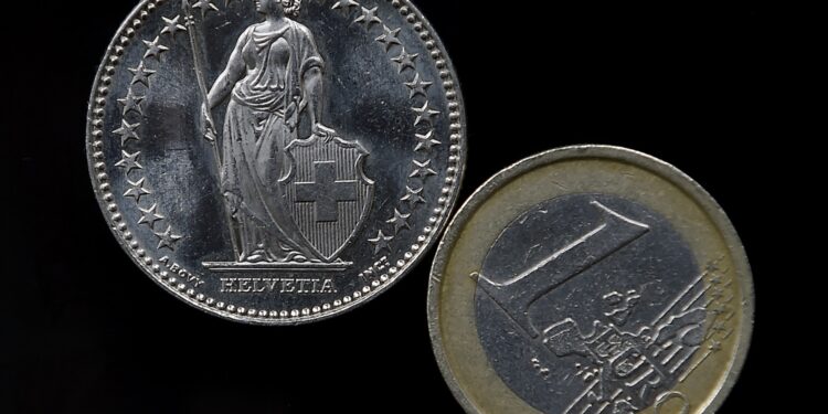 A Euro coin, right, and a Swiss Franc coin  have been placed on a table to be photographed in Gelsenkirchen, Germany, Thursday, Jan. 15, 2015. The European currency has  lost value after Switzerland's central bank said Thursday it has scrapped a policy that limited how much the euro could fall against the Swiss franc, an unexpected decision that caused gyrations in financial markets. (AP Photo/Martin Meissner)