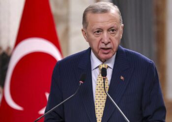 Turkish President Recep Tayyip Erdogan speaks during a joint statement to the media in Baghdad, Iraq, Monday, April 22, 2024. Erdogan arrived in Iraq on Monday for his first official visit in more than a decade. (Ahmad Al-Rubaye /Pool Photo via AP)