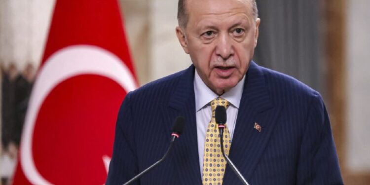 Turkish President Recep Tayyip Erdogan speaks during a joint statement to the media in Baghdad, Iraq, Monday, April 22, 2024. Erdogan arrived in Iraq on Monday for his first official visit in more than a decade. (Ahmad Al-Rubaye /Pool Photo via AP)