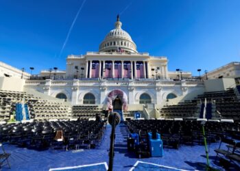 Empty chairs on the inaugural stand are seen on the day it was announced U.S. President-elect Donald Trump's inauguration is being moved indoors due to dangerously cold temperatures expected on Monday, in Washington, U.S., January 17, 2025. REUTERS/Kevin Lamarque