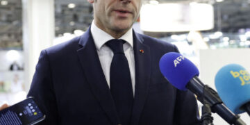 French President Emmanuel Macron speaks to journalists about a knife attack in Mulhouse that occurred earlier in the day, as he attends the opening day of the 61st International Agricultural Fair (Salon de l'Agriculture) at the Porte de Versailles exhibition centre in Paris, France, February 22, 2025. Mohammed Badra/Pool via REUTERS