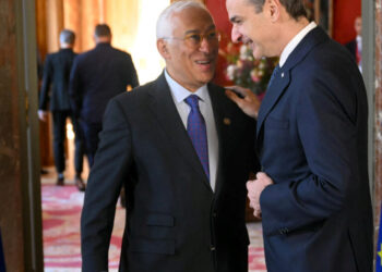 European Council President Antonio Costa welcomes Greece's Prime Minister Kyriakos Mitsotakis as he arrives for an informal EU leaders' retreat at the Palais d'Egmont in Brussels, Belgium on February 3, 2025.     NICOLAS TUCAT/Pool via REUTERS