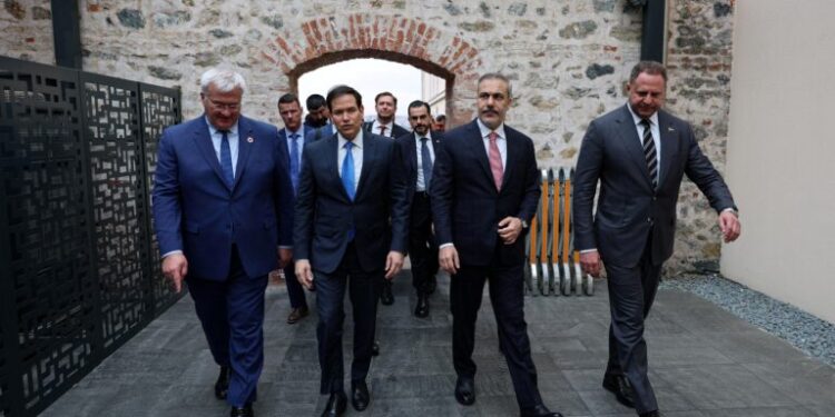 Ukrainian Foreign Minister Andrii Sybiha, U.S. Secretary of State Marco Rubio, Turkish Foreign Minister Hakan Fidan and Head of the Office of the President of Ukraine Andriy Yermak walk before Turkey, U.S., Ukraine trilateral talks, in Istanbul, Turkey, May 16, 2025. Arda Kucukkaya/Turkish Foreign Ministry/Handout via REUTERS ATTENTION EDITORS - THIS PICTURE WAS PROVIDED BY A THIRD PARTY. NO RESALES. NO ARCHIVES.