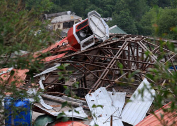 Damaged rooftop of Bilal Mosque is seen after it was hit by an Indian strike in Muzaffarabad, the capital of Pakistan-administered Kashmir, May 7, 2025. REUTERS/Akhtar Soomro