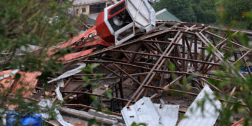 Damaged rooftop of Bilal Mosque is seen after it was hit by an Indian strike in Muzaffarabad, the capital of Pakistan-administered Kashmir, May 7, 2025. REUTERS/Akhtar Soomro