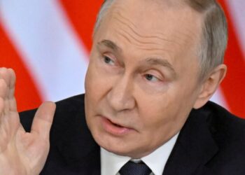 Russian President Vladimir Putin speaks during a joint media statement with Malaysian Prime Minister Anwar following their talks at the Kremlin in Moscow, Russia May 14, 2025. Alexander Nemenov/Pool via REUTERS