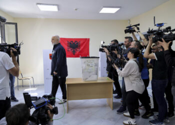 Albania's ruling Socialist party leader Edi Rama leaves a voting station during a general election where Rama is seeking a fourth term as Albania's prime minister in Tirana, Albania Sunday, May 11, 2025. (AP Photo/Vlasov Sulaj)