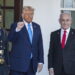 epa11875517 US President Donald Trump (L) greets Israeli Prime Minister Benjamin Netanyahu (R) as he arrives for a bilateral meeting with the president outside the West Wing of the White House in Washington, DC 04 February 2025. The two are expected to discuss plans for a cease-fire in Gaza. It is President Trump's first meeting at the White House with a world leader since he returned to the White House.  EPA/JIM LO SCALZO