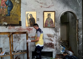 A civil defence member inspects the damage after a blast rocked the Mar Elias Church according to witnesses, in the Dweila neighbourhood of Damascus, Syria June 22, 2025. REUTERS/Firas Makdesi
