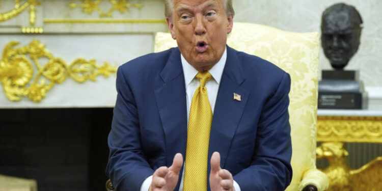 President Donald Trump meets with Philippine President Ferdinand Marcos Jr., in the Oval Office of the White House, Tuesday, July 22, 2025, in Washington. (AP Photo/Alex Brandon)