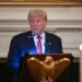 U.S. President Donald Trump speaks at a dinner with Republican Senators, in the State Dining Room at the White House in Washington, D.C., U.S., July 18, 2025. REUTERS/Annabelle Gordon