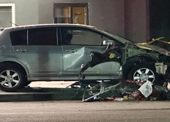 A vehicle that plunged into a crowd outside a nightclub, injuring dozens, is seen on Santa Monica Boulevard in the East Hollywood neighborhood of Los Angeles, California, U.S., July 19, 2025. REUTERS/Jorge Garcia