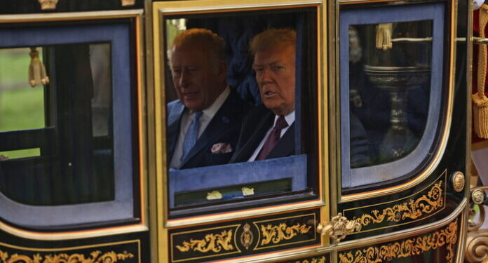 epa12384616 A handout photo made available by the British Ministry of Defence shows Britain's King Charles III (L) and US President Donald J. Trump during a carriage ride to Windsor Castle in Windsor, Britain, 17 September 2025. Britain's King Charles III is hosting US President Trump during his second official state visit to the UK from 17 to 19 September 2025.  EPA/SSgt Donald C TODD/UK MOD HANDOUT HANDOUT EDITORIAL USE ONLY/NO SALES