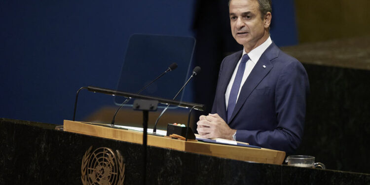 (Ξένη Δημοσίευση) Ο πρωθυπουργός Κυριάκος Μητσοτάκης μιλάει από το βήμα της 80ής Γενικής Συνέλευσης των Ηνωμένων Εθνών, στη Νέα Υόρκη, Παρασκευή 26 Σεπτεμβρίου 2025. ΑΠΕ-ΜΠΕ/ΓΡΑΦΕΙΟ ΤΥΠΟΥ ΠΡΩΘΥΠΟΥΡΓΟΥ/ΔΗΜΗΤΡΗΣ ΠΑΠΑΜΗΤΣΟΣ