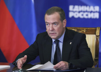 Deputy Chairman of the Russian Security Council and leader of the United Russia party Dmitry Medvedev speaks during a meeting of the United Russia party's programme commission via videoconference at the Gorki state residence outside Moscow, Russia, Friday, Nov. 1, 2024. (Ekaterina Shtukina, Sputnik Pool Photo via AP)