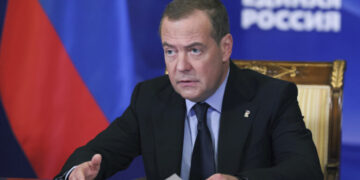 Deputy Chairman of the Russian Security Council and leader of the United Russia party Dmitry Medvedev speaks during a meeting of the United Russia party's programme commission via videoconference at the Gorki state residence outside Moscow, Russia, Friday, Nov. 1, 2024. (Ekaterina Shtukina, Sputnik Pool Photo via AP)