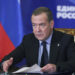 Deputy Chairman of the Russian Security Council and leader of the United Russia party Dmitry Medvedev speaks during a meeting of the United Russia party's programme commission via videoconference at the Gorki state residence outside Moscow, Russia, Friday, Nov. 1, 2024. (Ekaterina Shtukina, Sputnik Pool Photo via AP)