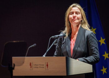 epa11689095 Rector Federica Mogherini delivers a speech during the opening ceremony of the seventy-fifth academic year of the College of Europe - Bruges Campus, in Bruges, Belgium, 28 October 2024.  EPA/OLIVIER MATTHYS