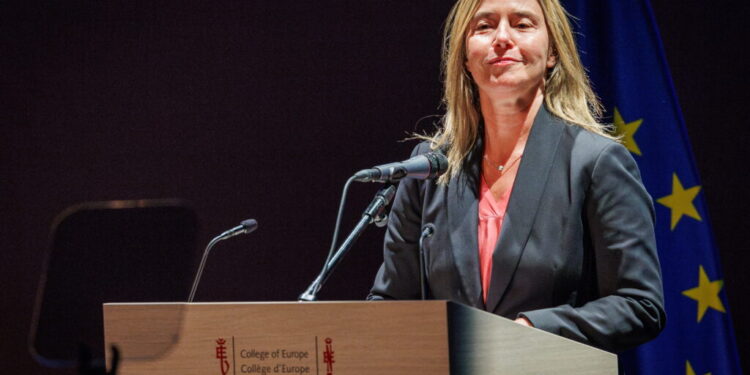 epa11689095 Rector Federica Mogherini delivers a speech during the opening ceremony of the seventy-fifth academic year of the College of Europe - Bruges Campus, in Bruges, Belgium, 28 October 2024.  EPA/OLIVIER MATTHYS