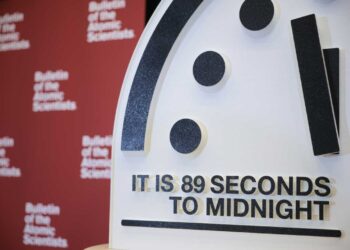 WASHINGTON, DC - JANUARY 28: The 2025 Doomsday Clock time is displayed after the time reveal held by The Bulletin of the Atomic Scientists at the United States Institute of Peace on January 28, 2025 in Washington, DC. The Doomsday Clock, currently the nearest it has been to midnight at 89 seconds, is a symbol for how close humanity is to a “global catastrophe”. (Photo by Kayla Bartkowski/Getty Images)