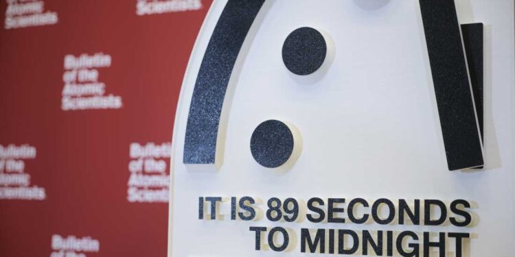 WASHINGTON, DC - JANUARY 28: The 2025 Doomsday Clock time is displayed after the time reveal held by The Bulletin of the Atomic Scientists at the United States Institute of Peace on January 28, 2025 in Washington, DC. The Doomsday Clock, currently the nearest it has been to midnight at 89 seconds, is a symbol for how close humanity is to a “global catastrophe”. (Photo by Kayla Bartkowski/Getty Images)