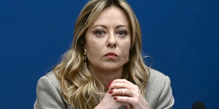Italy's Prime Minister, Giorgia Meloni faces journalists during the New Year press conference in Rome on January 9, 2026. (Photo by Filippo MONTEFORTE / AFP)