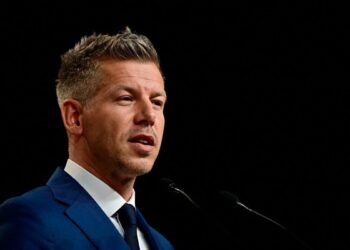 Peter Magyar, leader of the opposition Tisza Party, speaks during a press conference a day after the parliamentary election, in which Hungarian Prime Minister Viktor Orban conceded defeat, Budapest, Hungary, April 13, 2026. REUTERS/Marton Monus