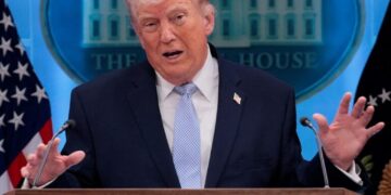 U.S. President Donald Trump holds a press conference in the James S. Brady Press Briefing Room at the White House in Washington, D.C., U.S., April 6, 2026. REUTERS/Evan Vucci