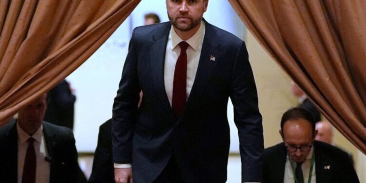 U.S. Vice President JD Vance arrives for a meeting with Pakistan's Prime Minister Shehbaz Sharif in Islamabad, Pakistan, for talks about Iran, April 11, 2026.     Jacquelyn Martin Pool/Pool via REUTERS