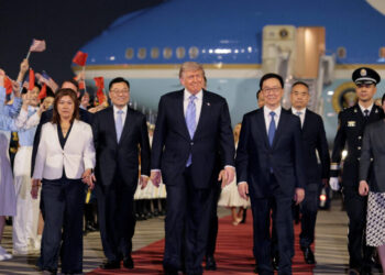 U.S. President Donald Trump participates in an arrival ceremony at Beijing Capital International Airport during his visit to the country, in Beijing, China, May 13, 2026. REUTERS/Evan Vucci
