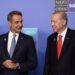 Turkish President Tayyip Erdogan welcomes Greek Prime Minister Kyriakos Mitsotakis at a NATO leaders' summit in Ankara, Turkey, July 8, 2026. REUTERS/Stoyan Nenov